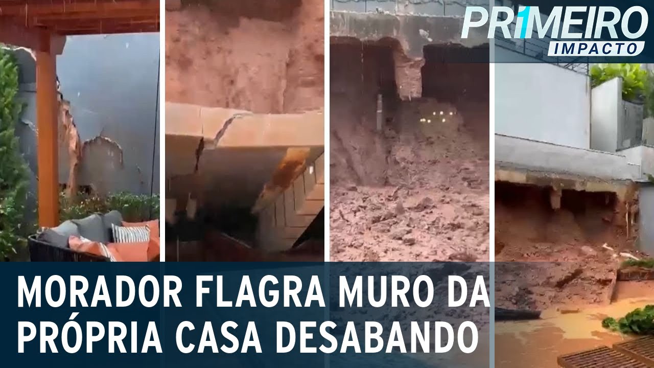 Morador flagra muro da própria residência desabando durante chuva | Primeiro Impacto (25/01/23)