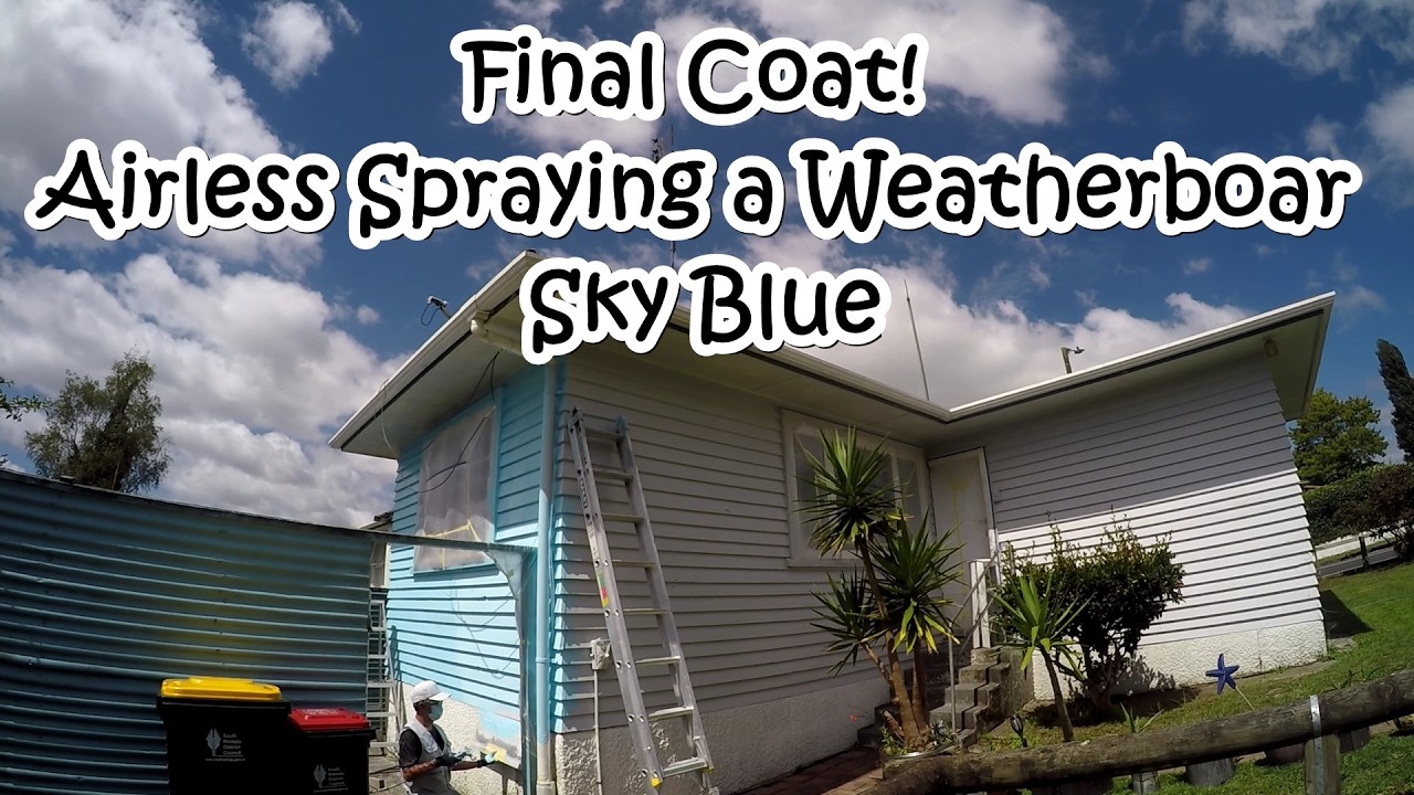 Final Coat Airless Spraying a Weatherboar Sky Blue #maskingfilm #spraypainting