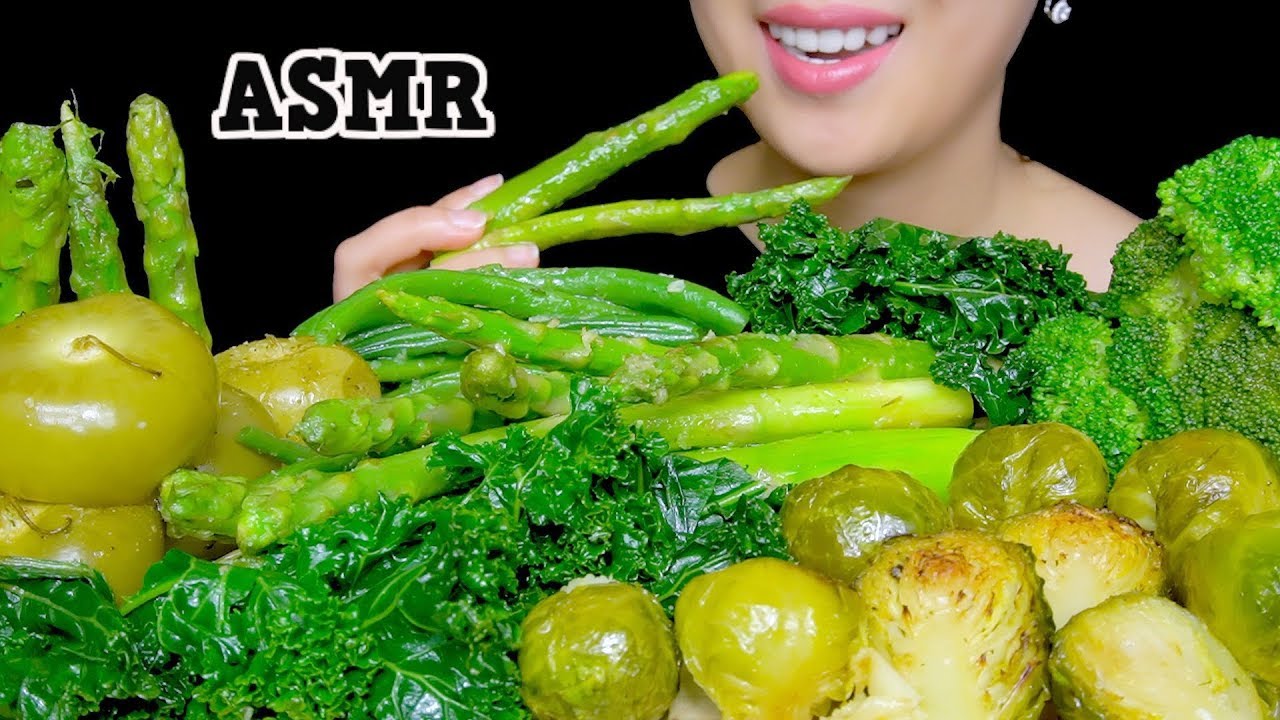 HEALTHY EATING ASMR: GREEN ROASTED VEGGIES PLATTER (TOMATILLOS, ASPARAGUS, KALE) | TracyN ASMR
