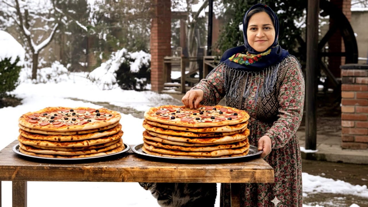 Survival in the snow | Rural family | Cooking pizza with charcoal❄️🌨️🍕