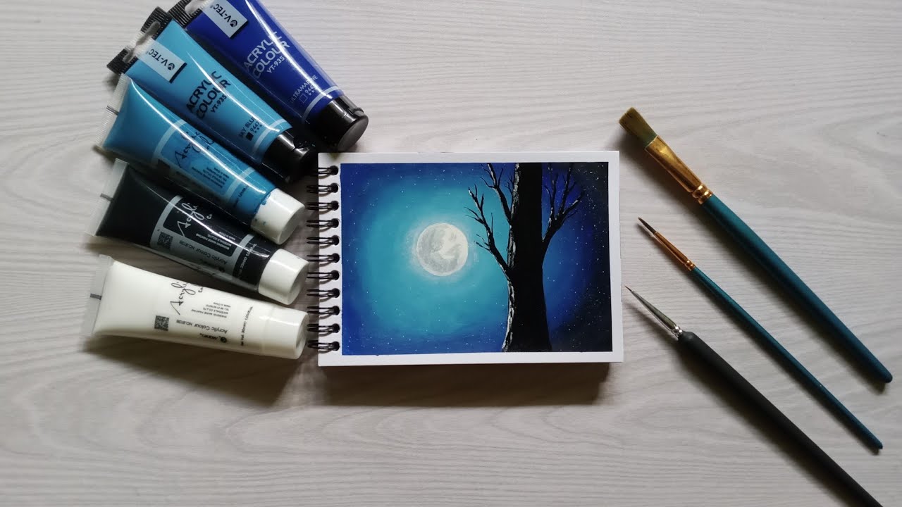 Acrylik painting 🎨🖌️ | melukis malam 🌃 | melukis bulan🌕 untuk pemula #melukis 