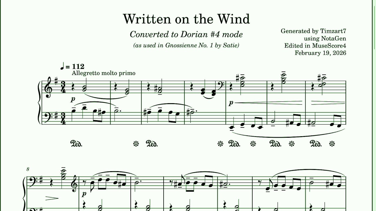 Written on the Wind, for piano, two versions, generated by NotaGen