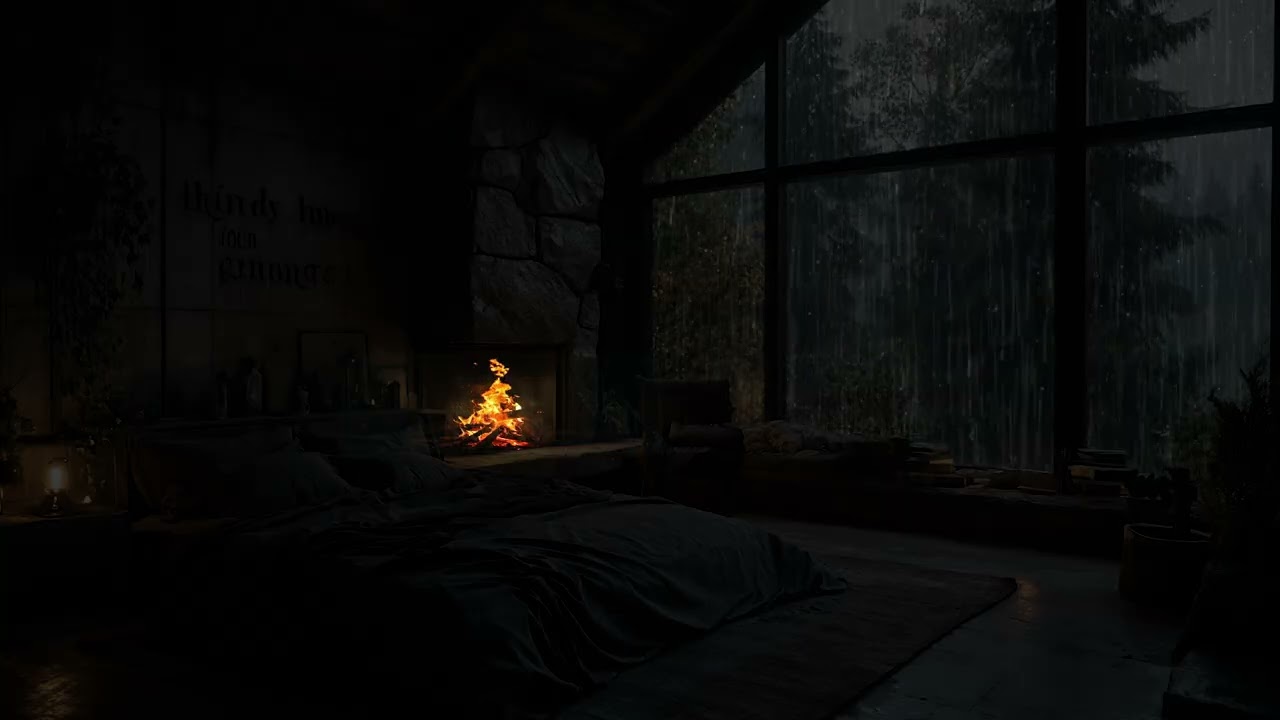 Watching Forest Rain | Peaceful Woodland Rain Beyond the Window with Intimate Firelight Scene