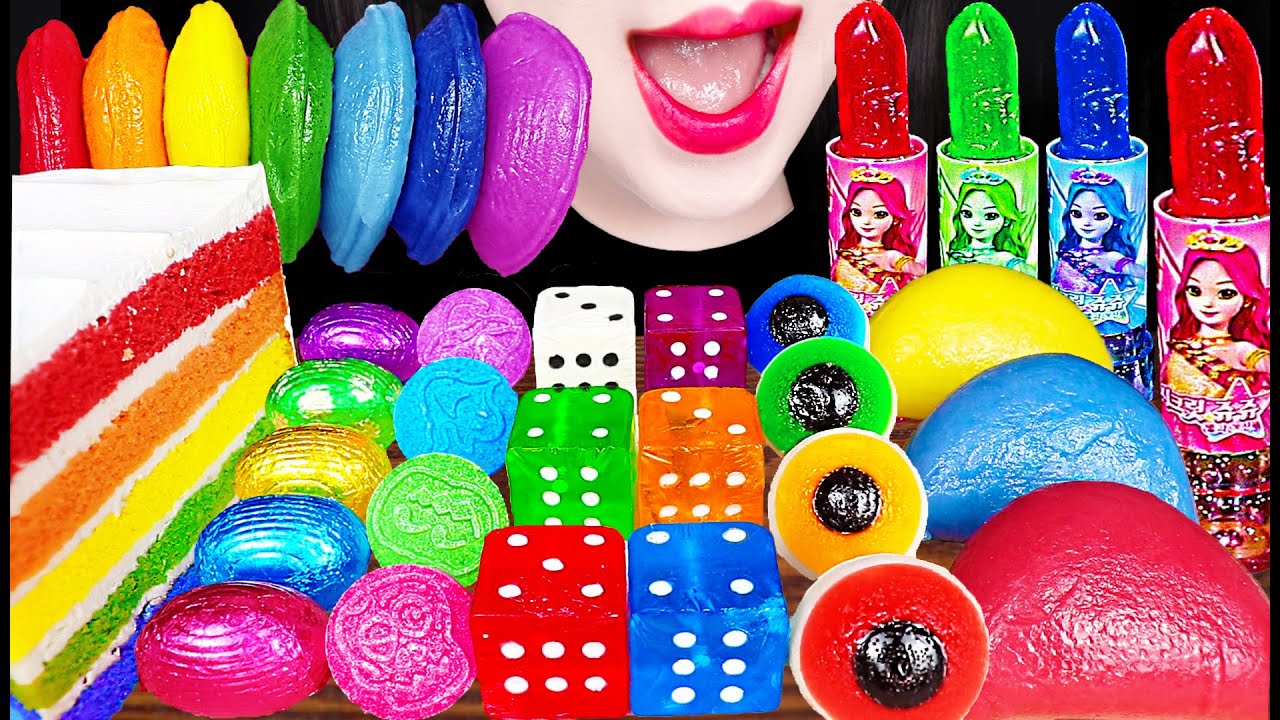 ASMR Rainbow Dessert, Dice Candy, Edible lipstick 먹는 립스틱, 주사위 사탕, 무지개 디저트 먹방 Mukbang, Eating