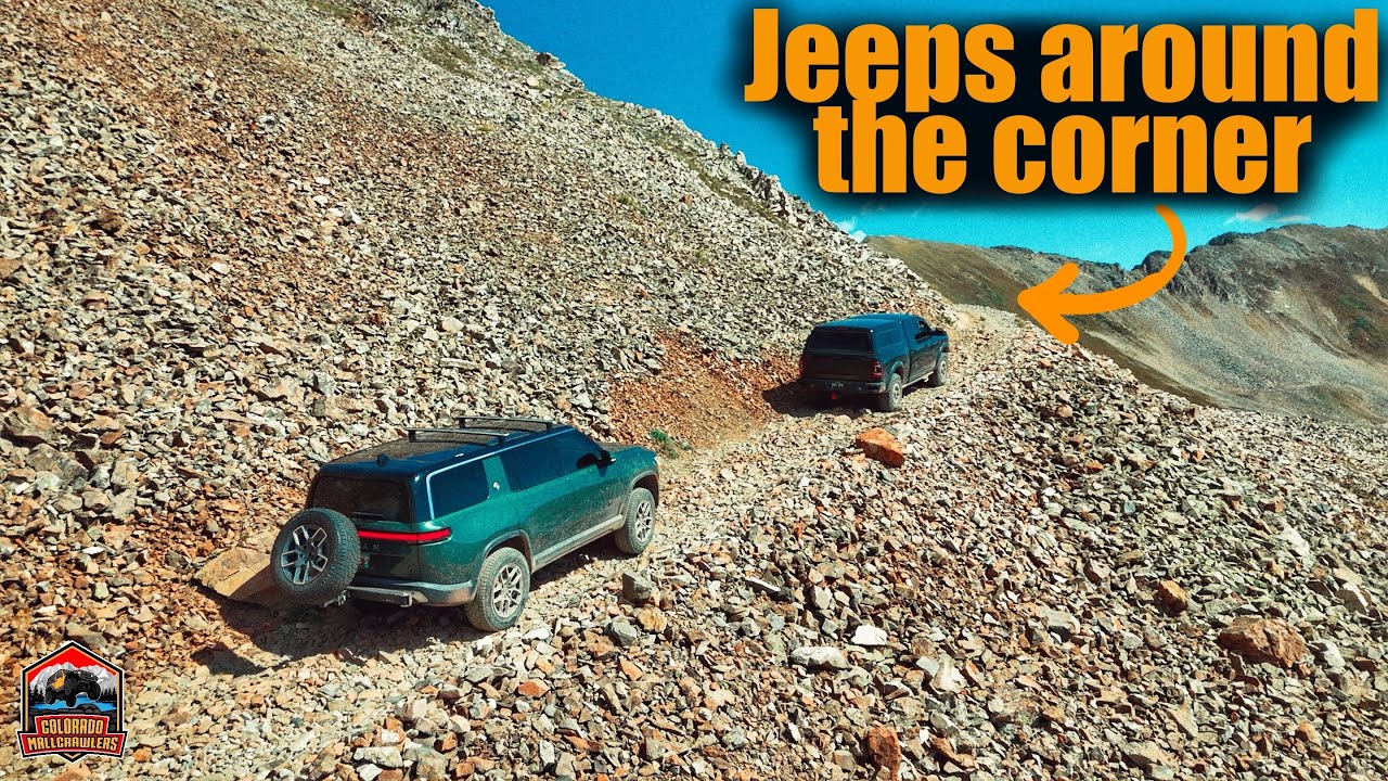 A Rivian & Power Wagon attempt a sketchy difficult trail!