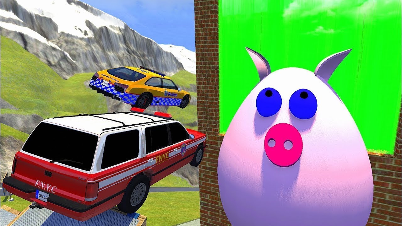 Crazy Vehicle High Speed Jumps Over Giant PIG Through Green Slime Water Wall - BeamNG drive Jumps