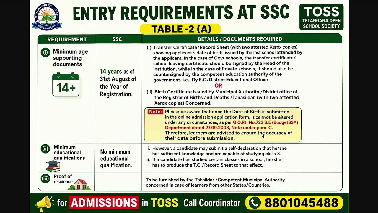 Telangana Open School 10th Admission Eligibility & Documents 2026