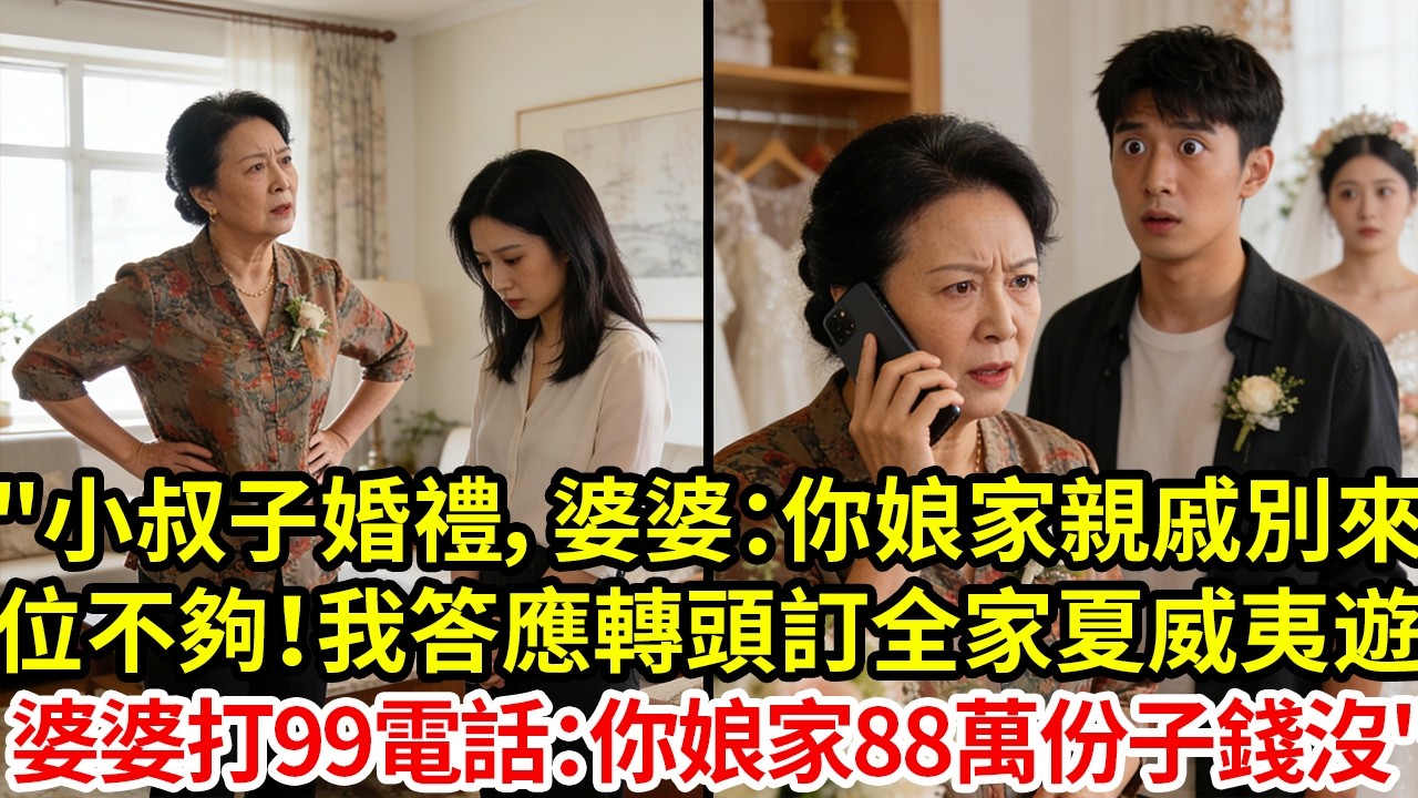 小叔子婚禮，婆婆：你娘家親戚別來了位子不夠！我笑著答應，轉頭訂全家夏威夷遊次日婆婆打來99電話：你娘家88萬份子錢咋沒給！#為人處世#情感#情感故事#小說#生活經驗#女性成長