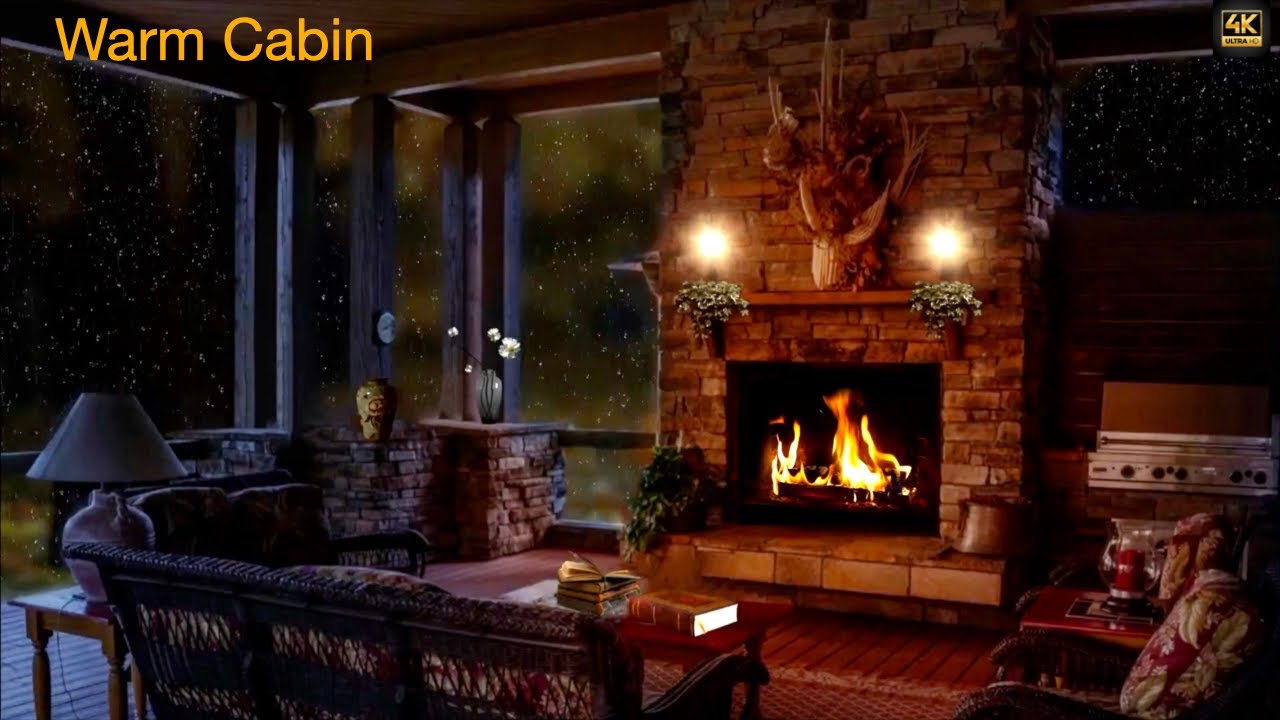 Warm Cabin Ambience 🏡 Fireplace Sounds, Soft Jazz & Rainy Night Mood