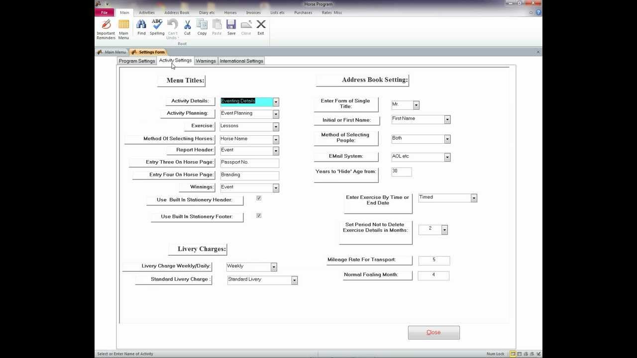 Equestrian Management Program: Program Settings