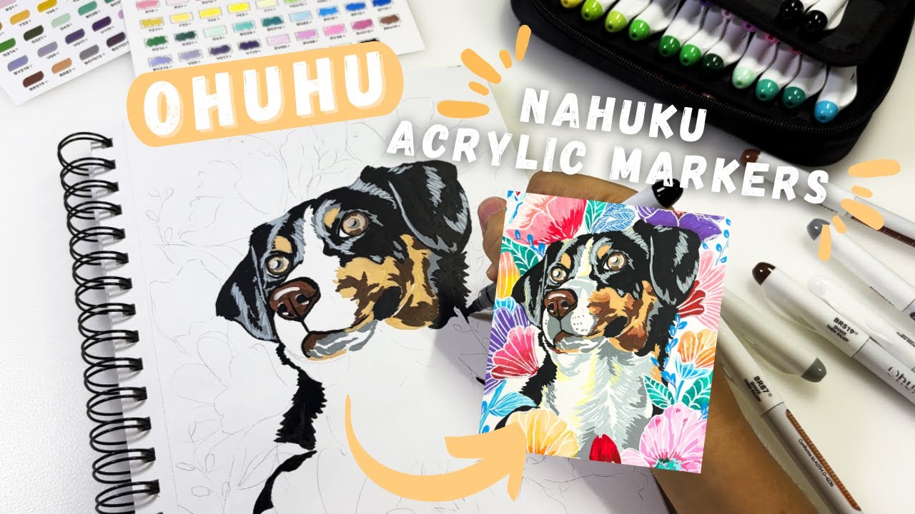 Trying out the new 48 Ohuhu Nahuku Direct-ink Acrylic Markers! | pet portrait, art vlog