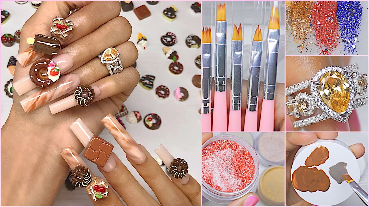 DIY Acrylic Nail LAZY GIRL METHOD Chocolate SWIRL Kawaii 3D CHARMS Tutorial 123go Extreme Square