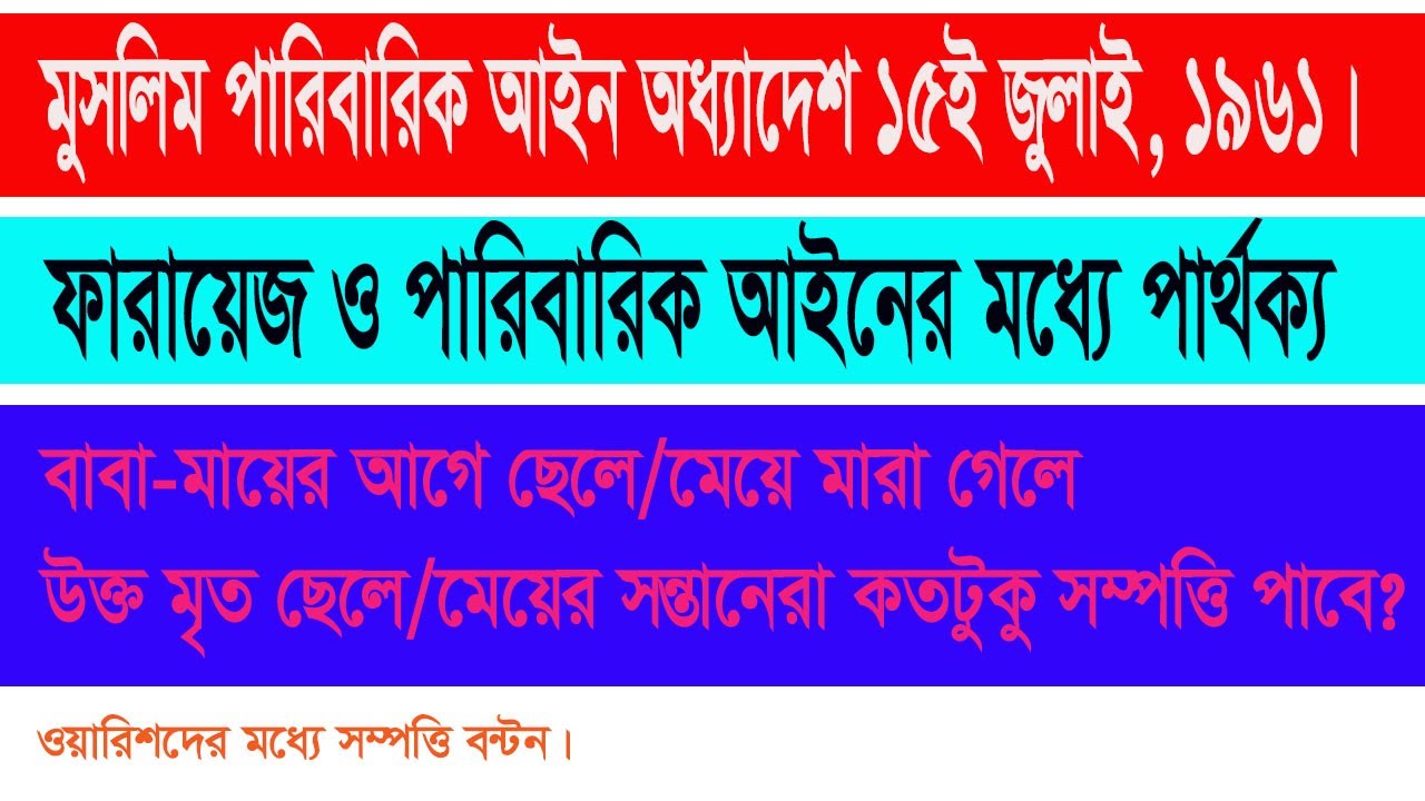 মুসলিম পারিবারিক আইন অধ্যাদেশ ১৫ জুলাই, ১৯৬১। বাবার আগে ছেলে মারা গেলে মৃত ছেলের সম্পত্তি বন্টন।