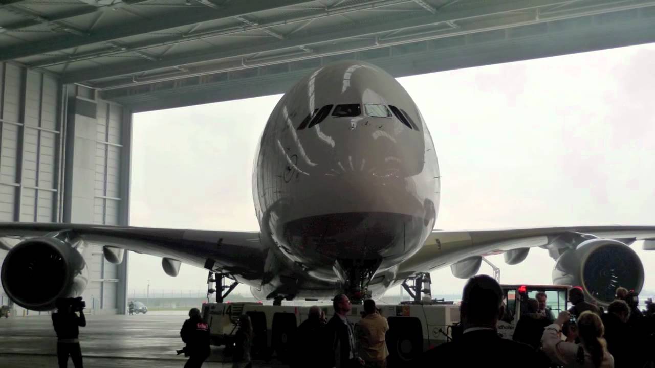 New Lufthansa Airbus A380 Roll-In - DAIMA - Lufthansa A380 hangar Frankfurt