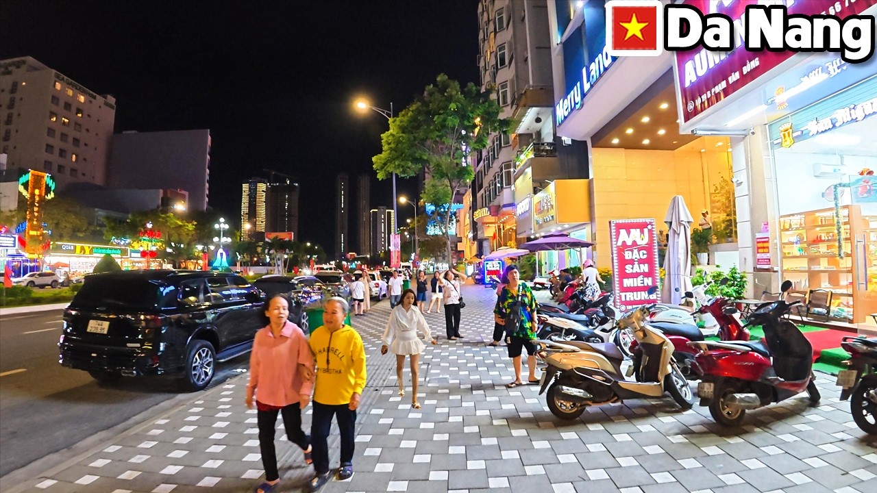 DA NANG VIETNAM Nightlife City Walk at Pham Van Dong Tourist Street near My Khe Beach