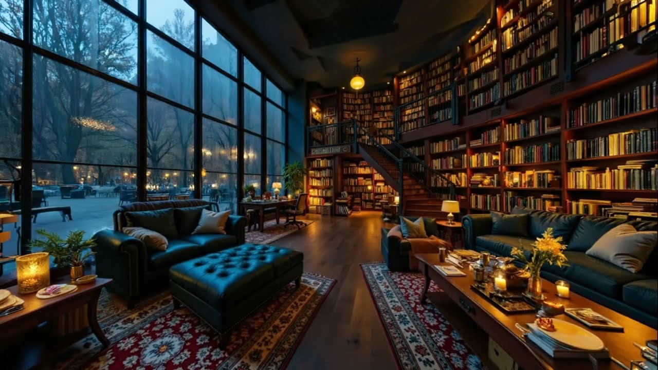 Cozy Winter Library Cafe Ambience ☕ Smooth Jazz Piano Music with Warm Fireplace & Rainy for Study