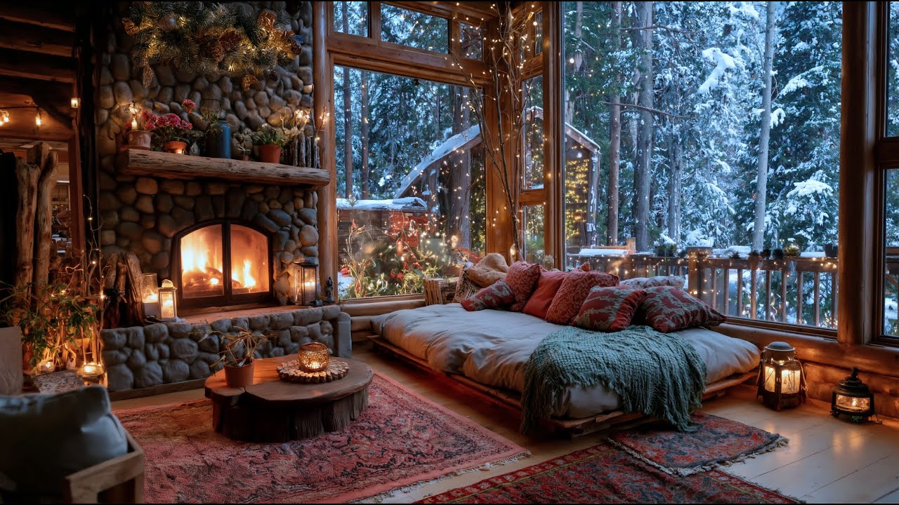 Beautiful December Winter Jazz Music ❄️ A Cozy Jazz Porch Atmosphere With a Fireplace for Relaxing