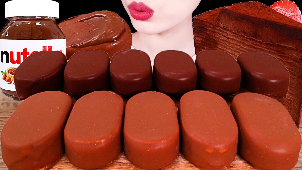 ASMR MUKBANG｜CHOCOLATE ICE CREAM CREPE CAKE NUTELLA FROZEN FRUITS 초코아이스크림 누텔라 초코케이크 EATING SOUNDS 먹방