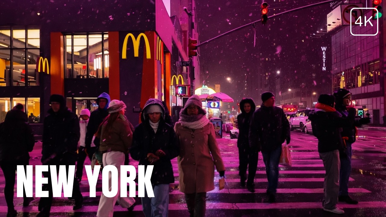 4K HD Snow Fall and Neon Light's Magical Times Square New York Walking Tour