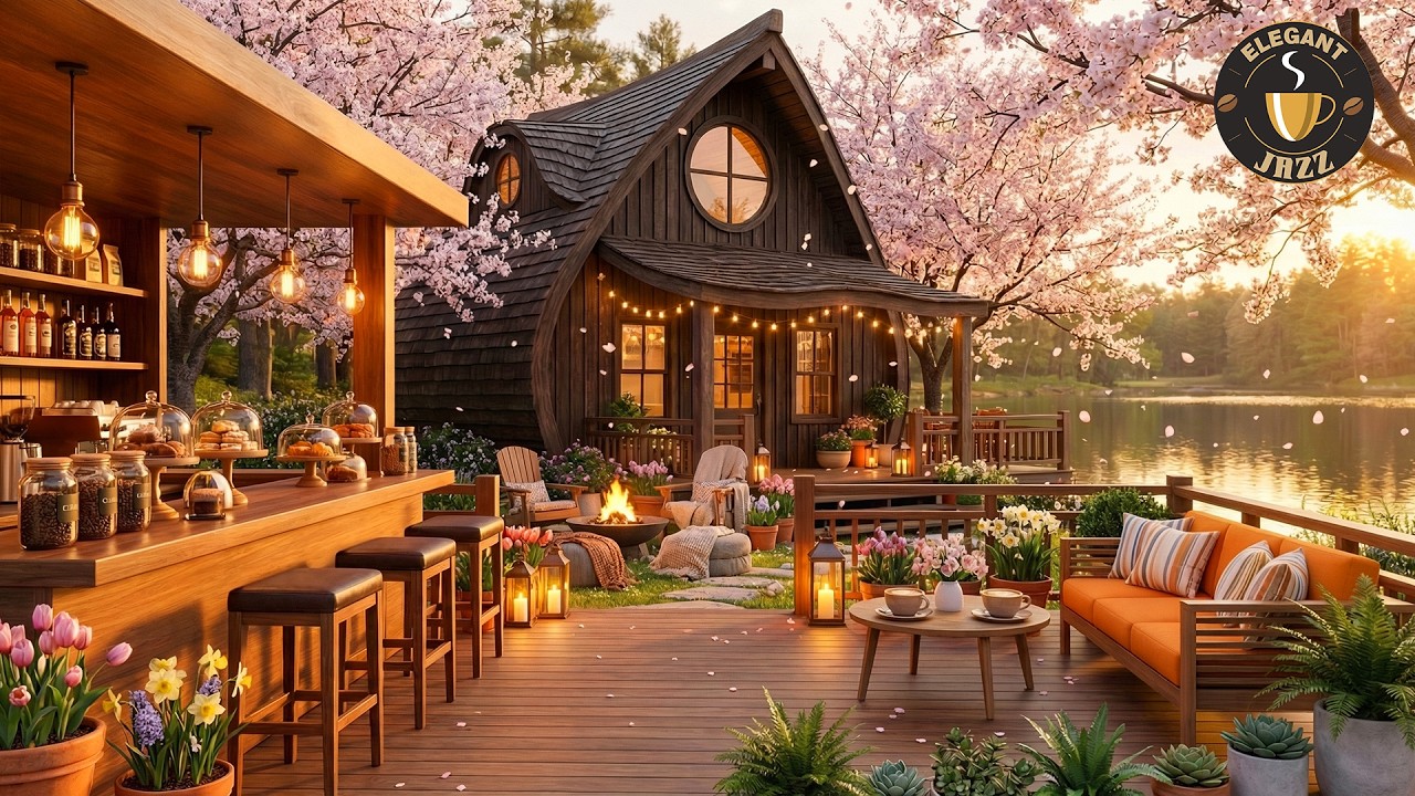 Jazz Music at Calm Porch Ambience ➤ Spring Morning Coffee Shop Ambience for Calm & Focus