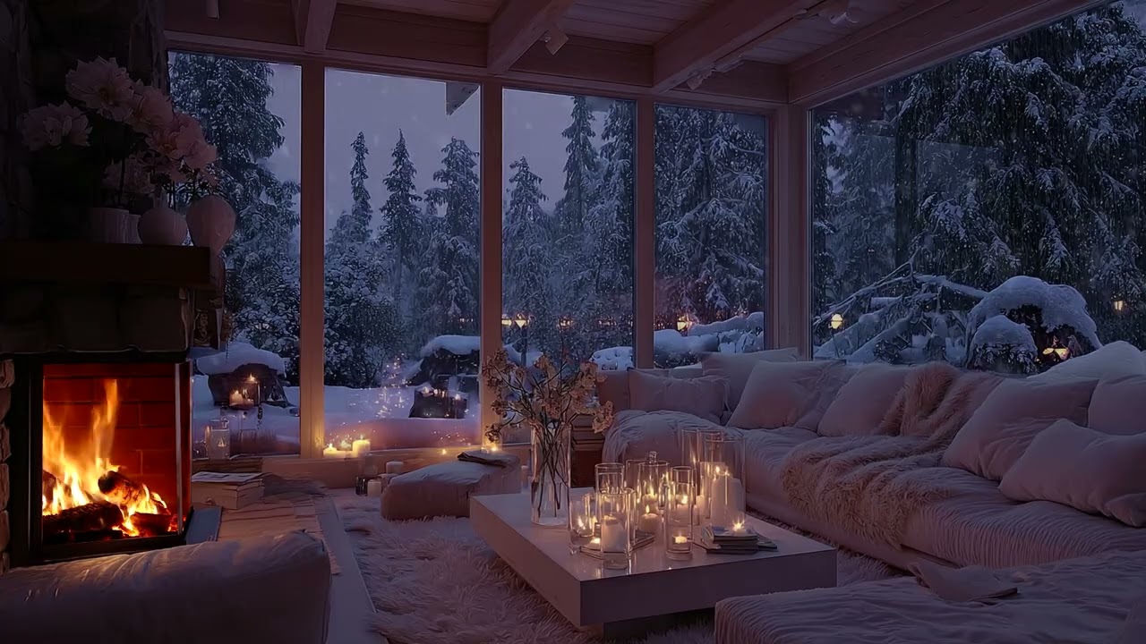 Warm Candlelit Living Room Ambience – Snowstorm Wind & Fireplace Sounds for Relaxing Sleep