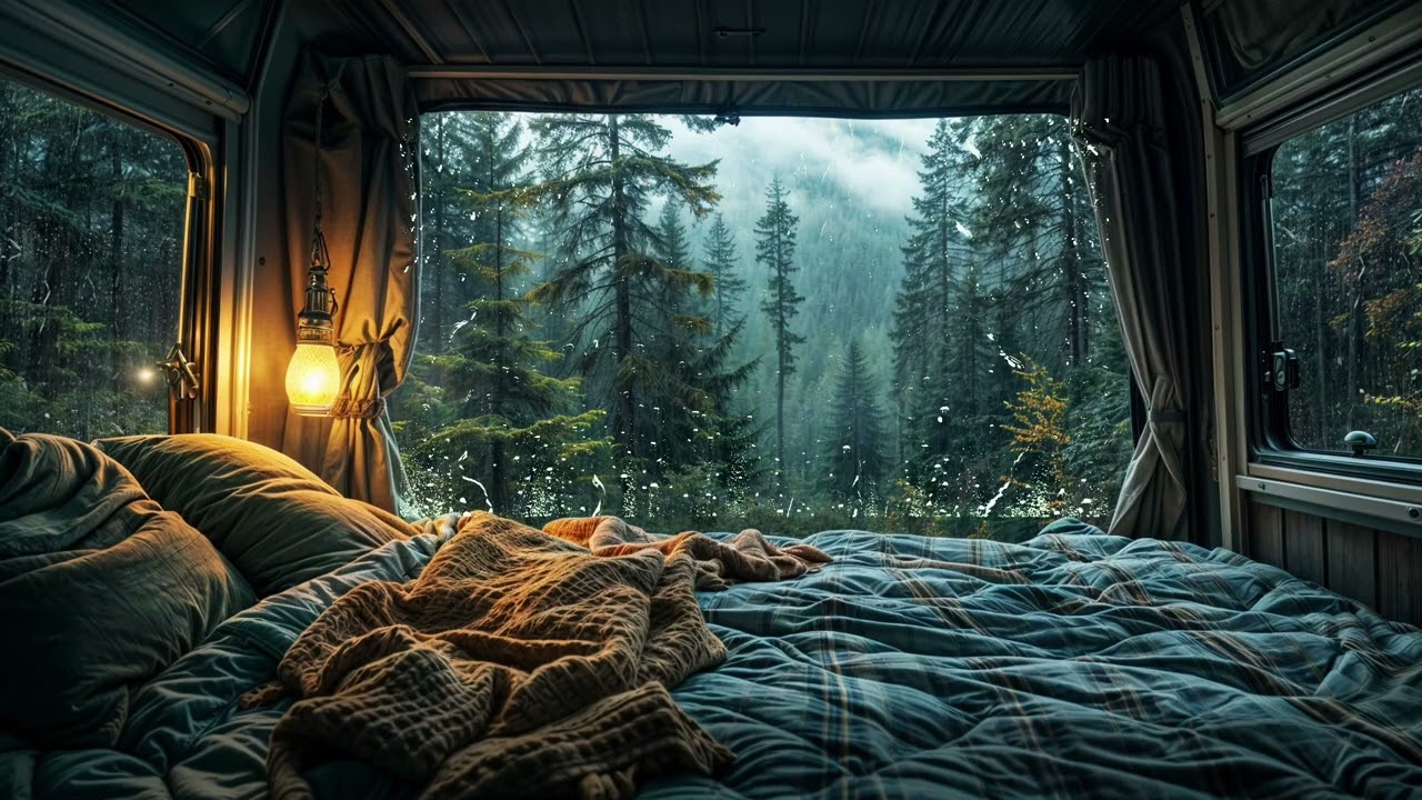 [8h]Heavy rain in the camping van. Fall Into Deep Sleep. Let Your Fatigue Flow With The Rain