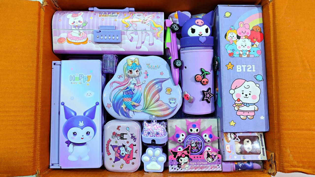 Unboxing Satisfying Purple Stationery 📚, BT21 Box, 3d Coin bank, Highlighter, Sharpener, Eraser, Pen