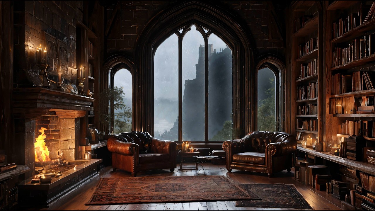 Stormy Medieval Library Ambience | Celtic Music & Crackling Fireplace | 4K