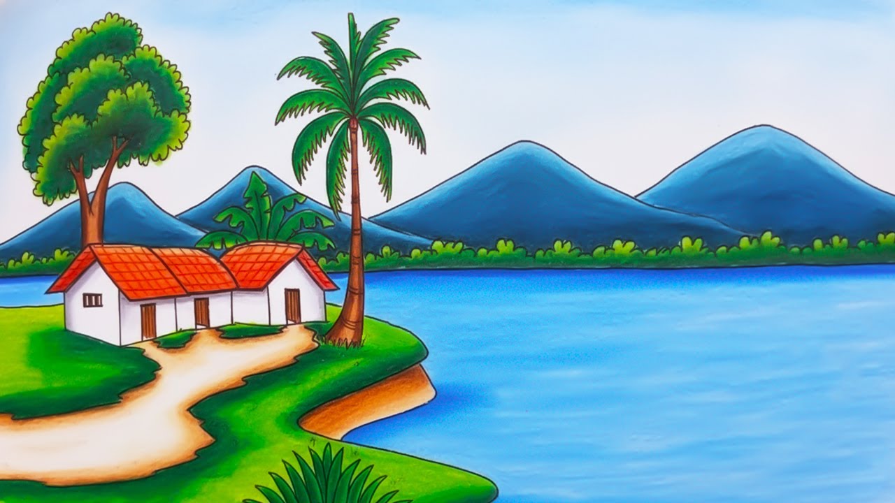 Village Scenery Drawing with Oil Pastel | River, House, Trees & Mountains/Easy Drawing for Beginners