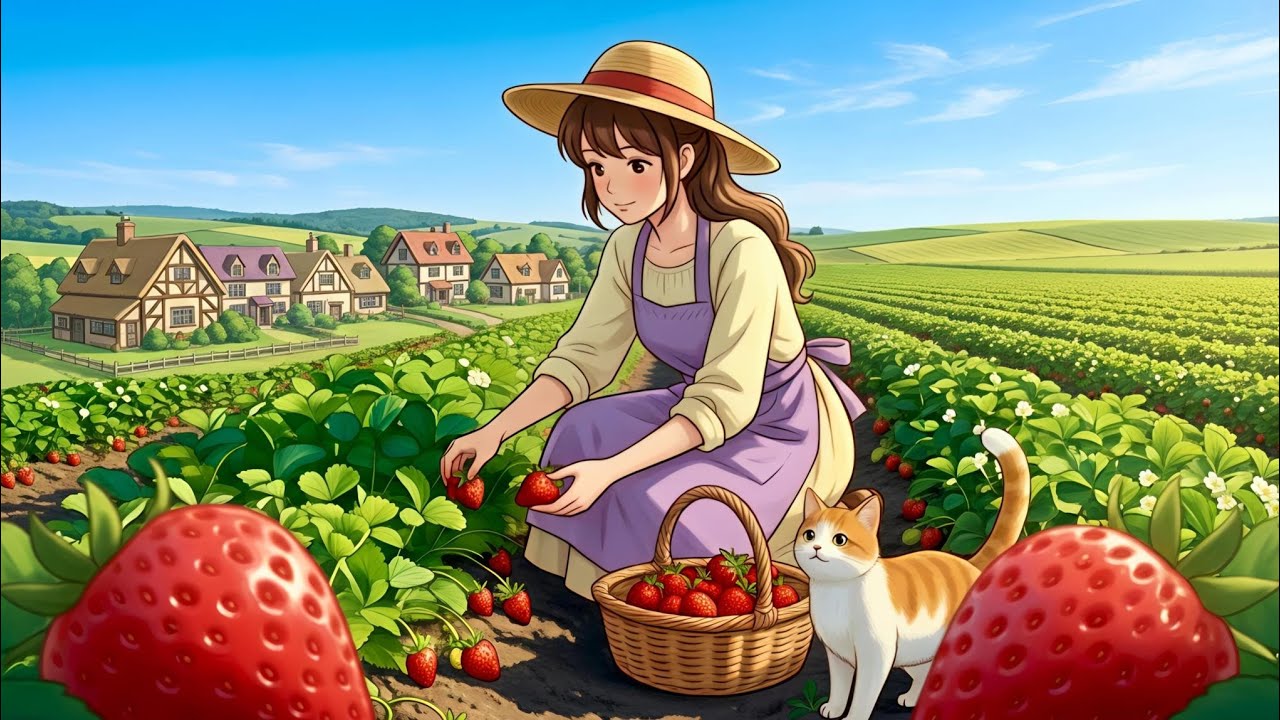 Peaceful Strawberry Harvest with a Little Cat | Slow Living Countryside ASMR |Relaxing Village Life
