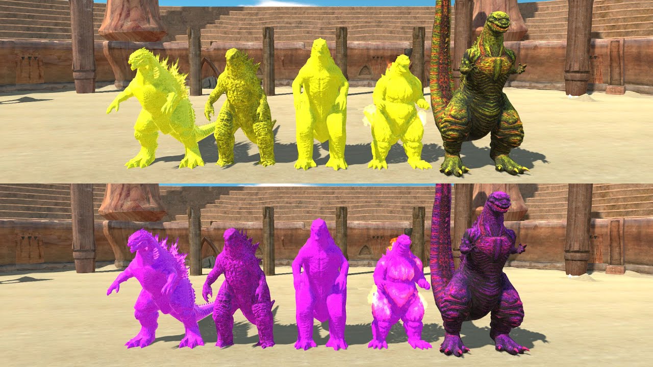 Yellow Godzilla Army vs Purple Godzilla Army - Animal Revolt Battle Simulator