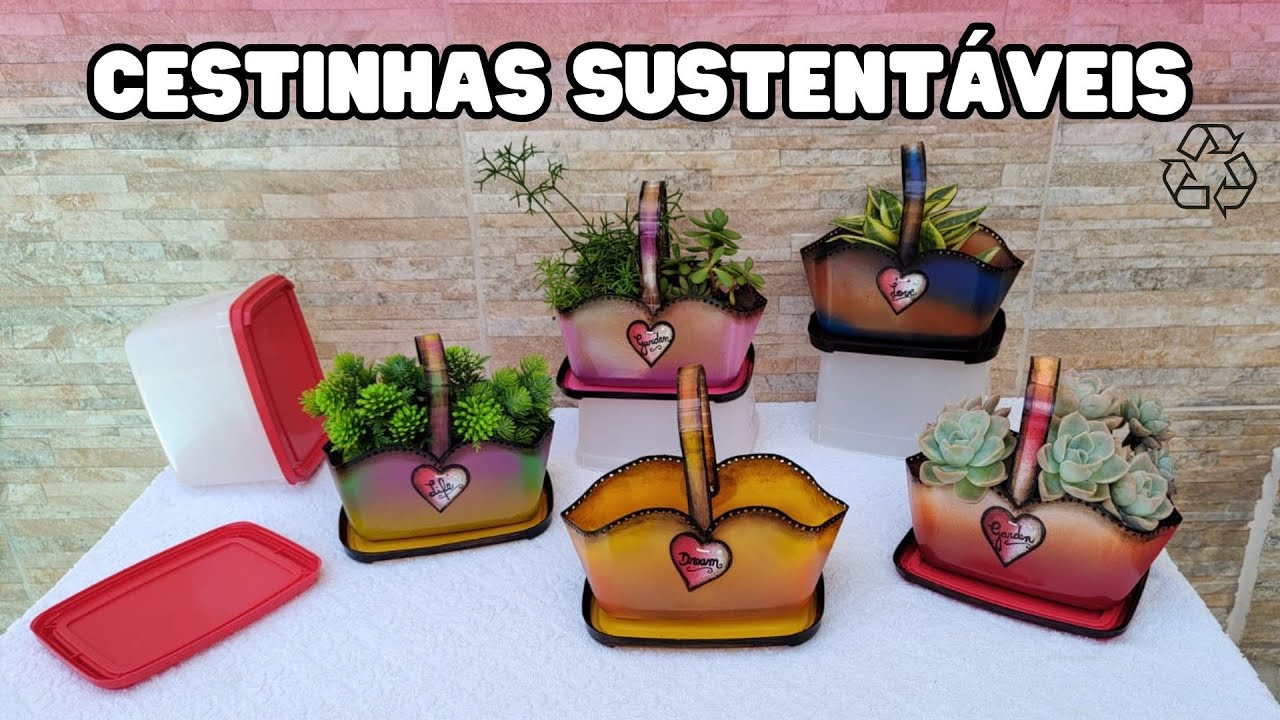 CESTINHAS SUSTENTÁVEIS feitas com potes de sorvete / Jardim com arte