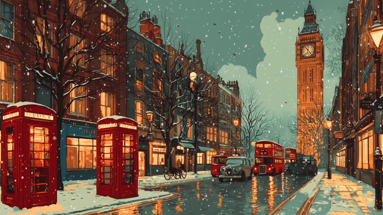 cozy London snowy night in a 1950s with vintage oldies music playing softly