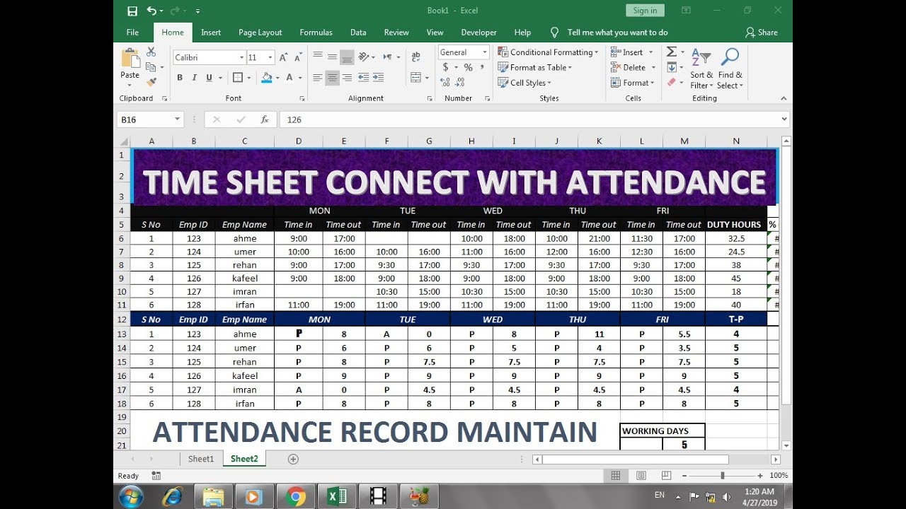 #282 How To Make Attendance with Time Sheet Link  in Excel Hindi