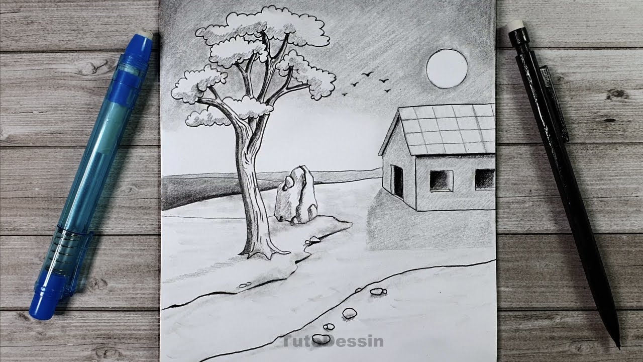 Paysage dessiner au crayon de papier | Tutoriel de dessin | Dessin facile à faire à la maison