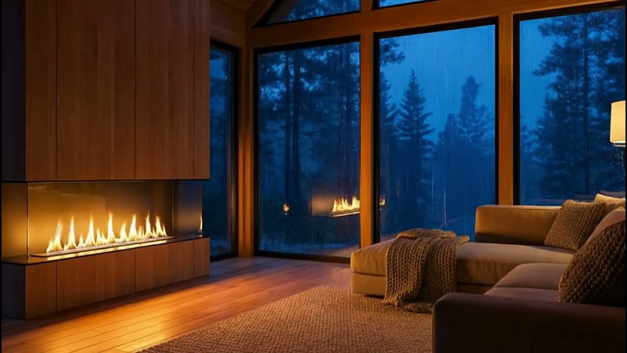 Intense Rainstorm Outside Cozy Fireplace Bedroom 🔥🌧️ Thick Fog Forest Night Ambience for Sleep