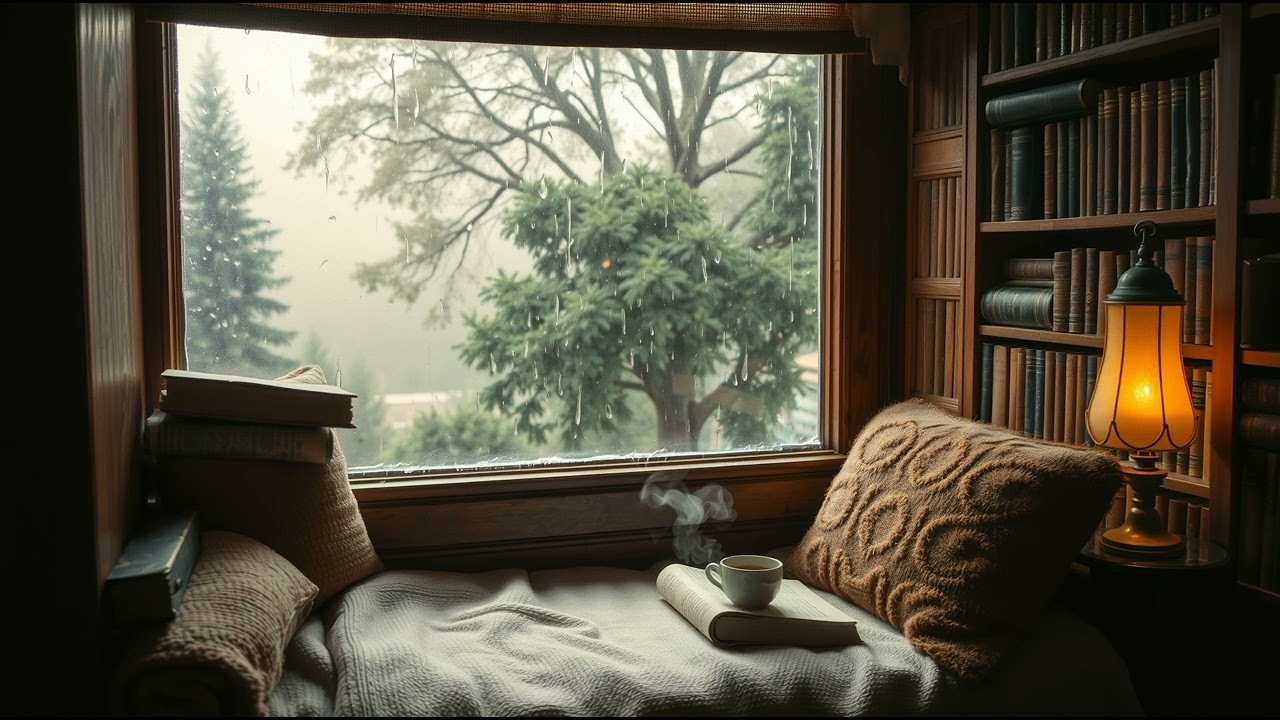 Cozy Rainy Bookstore Window 🌧️ Study & Relax 📚
