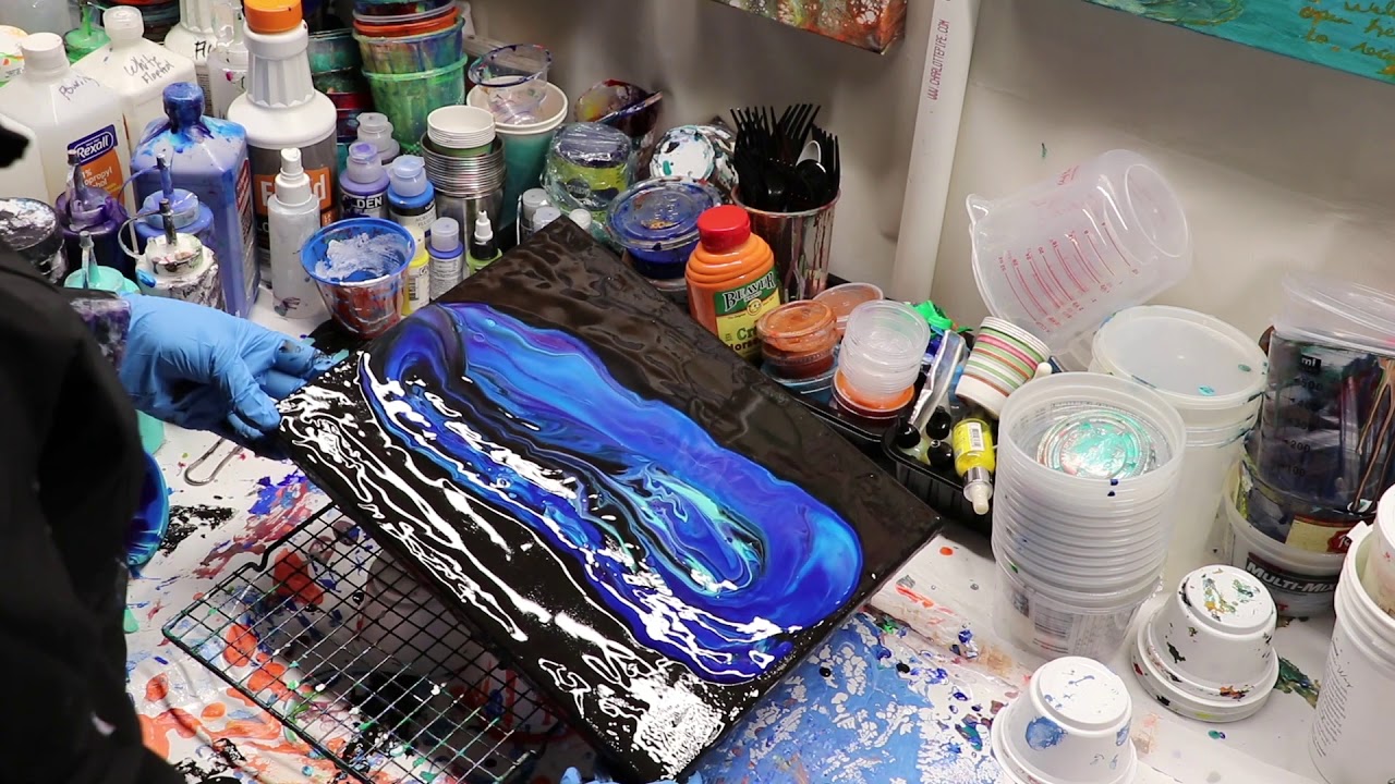 Funnel Acrylic Fluid Pour In Blue With Black Negative Space