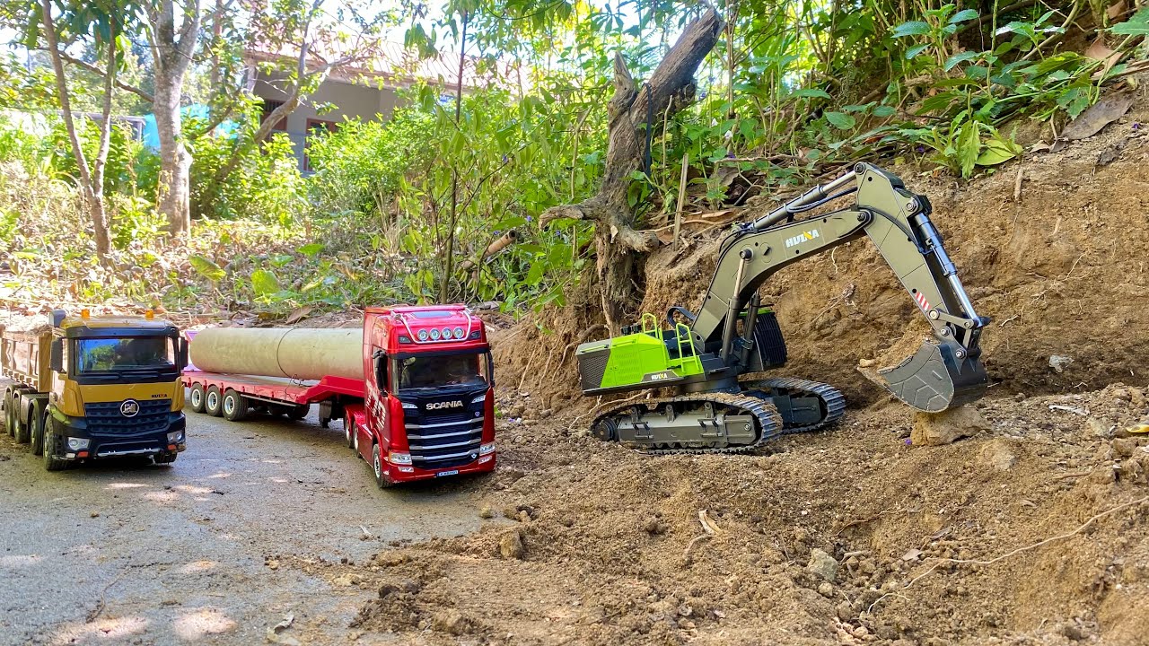 Kompilasi Aksi Dump Truk RC Huina 1536 Full Muatan Lewat Jalur Extreme , Excavator Besar Huina 1593 