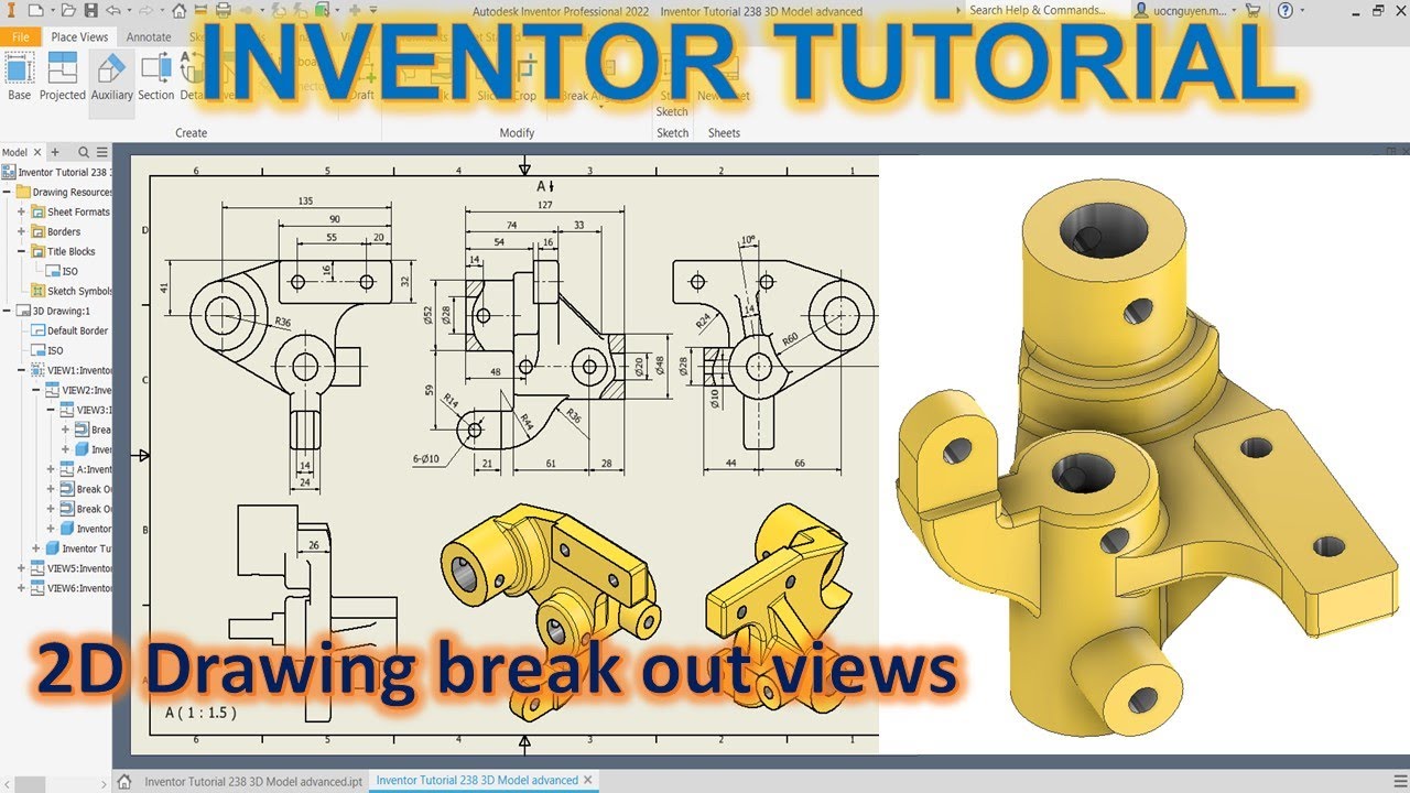 Inventor 2022 Tutorial #239 | Drawing 2D Dimension & creating break out views