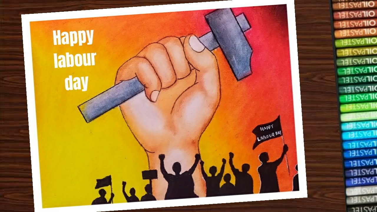How to draw world labour day (International workers day) poster with oil pastel - step by step