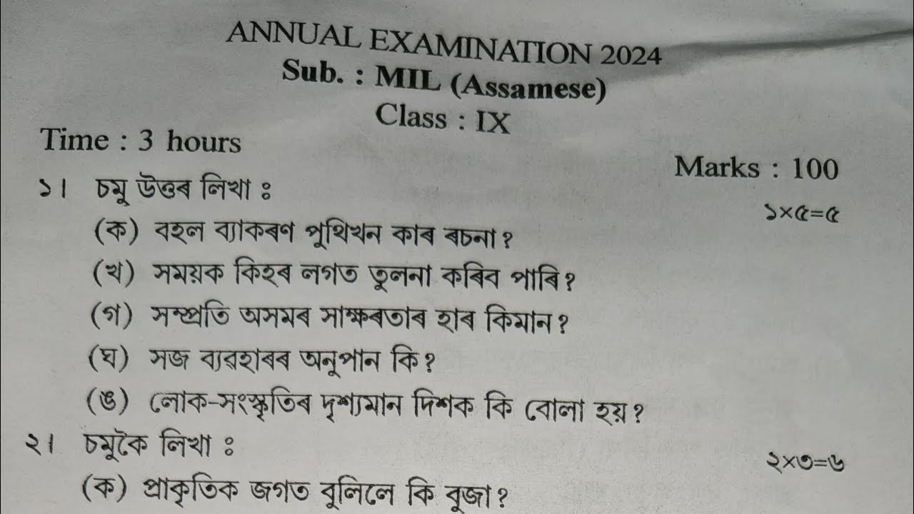 Class 9 Annual examination 2024|Assamese (MIL) question paper|Morigaon|SEBA Class IX Annual exam