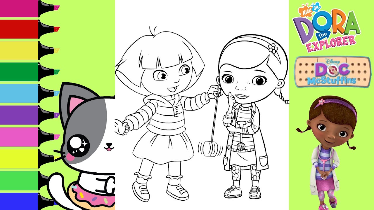 Coloring Dora the Explorer and Doc McSuffins Coloring Book Pages | Sprinkled Donuts JR