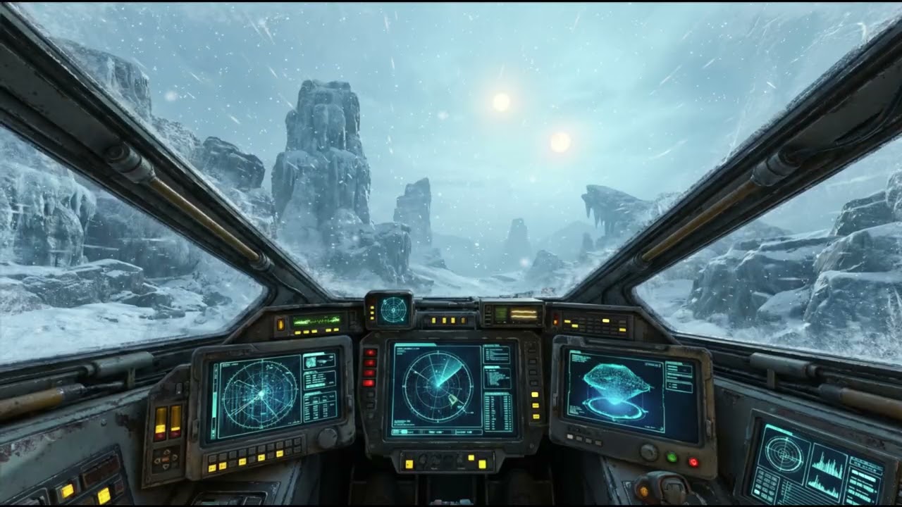 REM-4 Exoplanet Snowstorm Watch. Sci-Fi Spaceship Cockpit Radio Chatter Ambiance