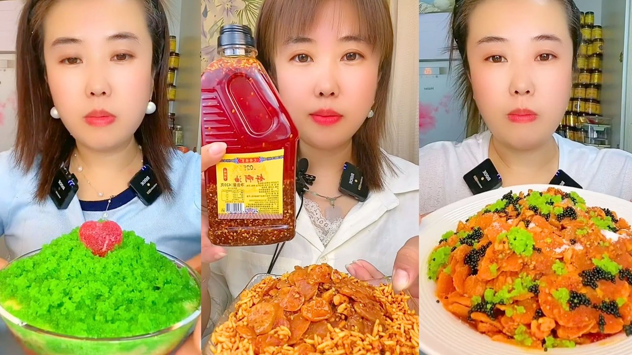 Green Crumb Dessert and Chili Oil Worm Snack Mukbang
