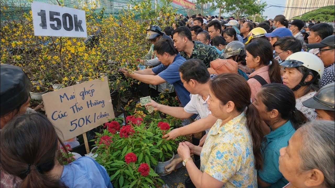 Bà con chen chúc nhau mua Mai Giá Rẻ 50K, 150K, Mào gà 25K Chợ Hoa Tết Quận 8 Chiều 28 Tết 