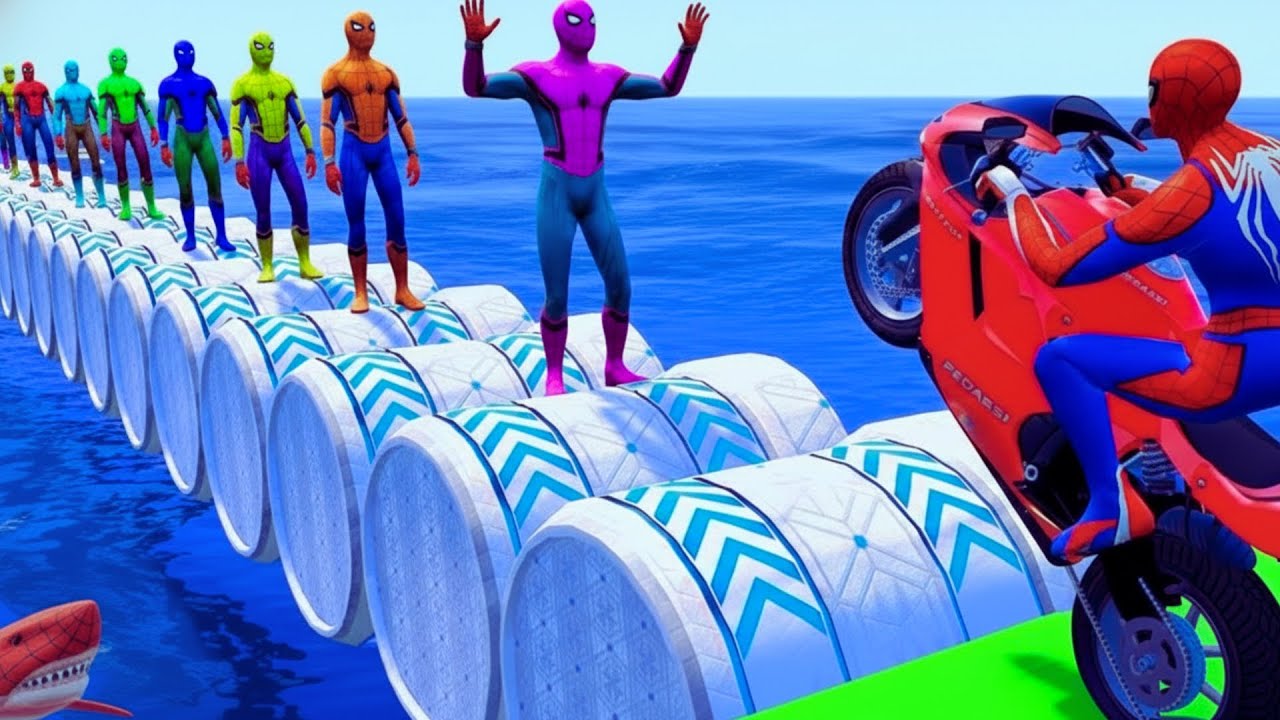 سبايدر مان اصعب دراجة نارية فوق اسماك القرش - Superheroes Ride on Motorcycle Stunt Funny Moments??