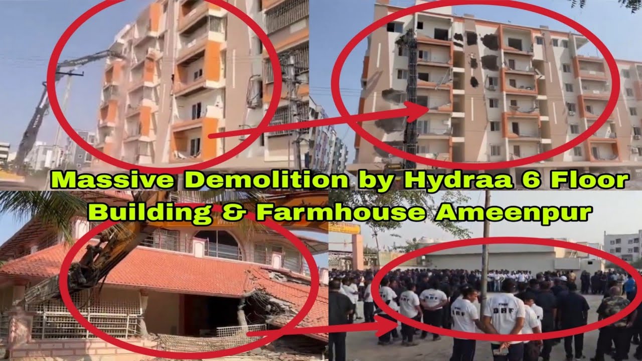 Massive Demolition of 6 Floors Building and Farm House in Ameenpur by Hydraa.