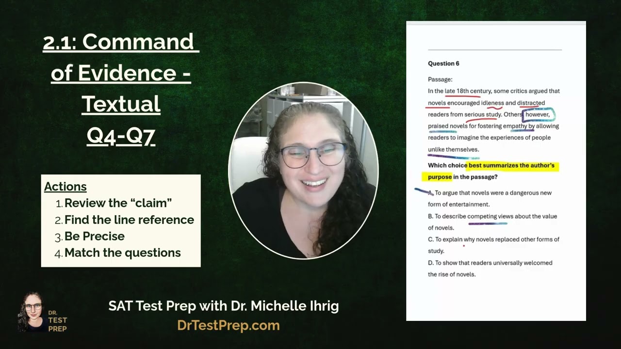 SAT Reading &ndash; RW.2.1.b: Command of Evidence: Textual &ndash; Q4&ndash;Q7 &ndash; with Dr. TestPrep