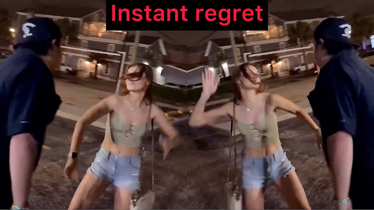 Man DODGES Womans SLAP & She Falls Flat On Her Face